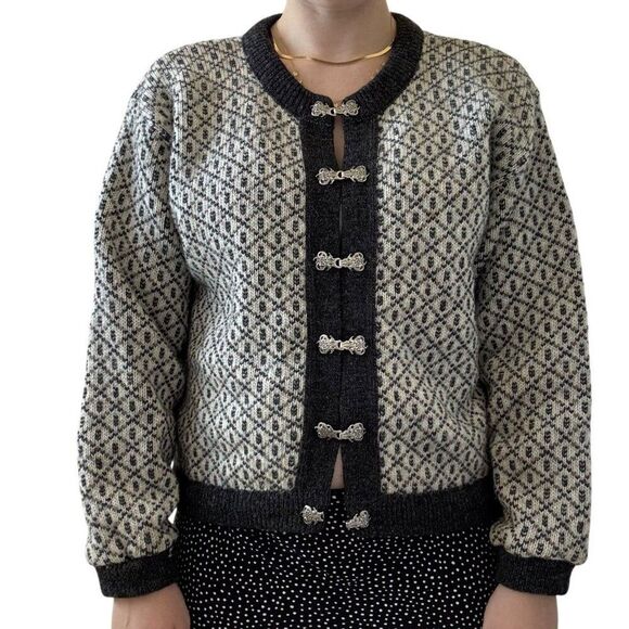 Vintage LL Bean Womens Gray Birdseye Wool Norwegian Nordic Fisherman Cardigan M - Picture 2 of 7